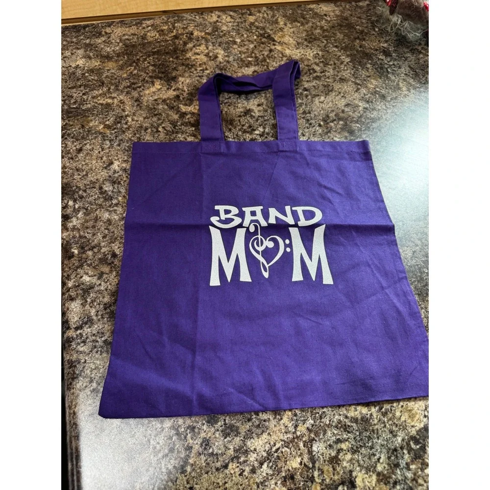 Band Mom Purple Canvas Tote Bag Musical Treble Bass Clef Heart Graphic Reusable